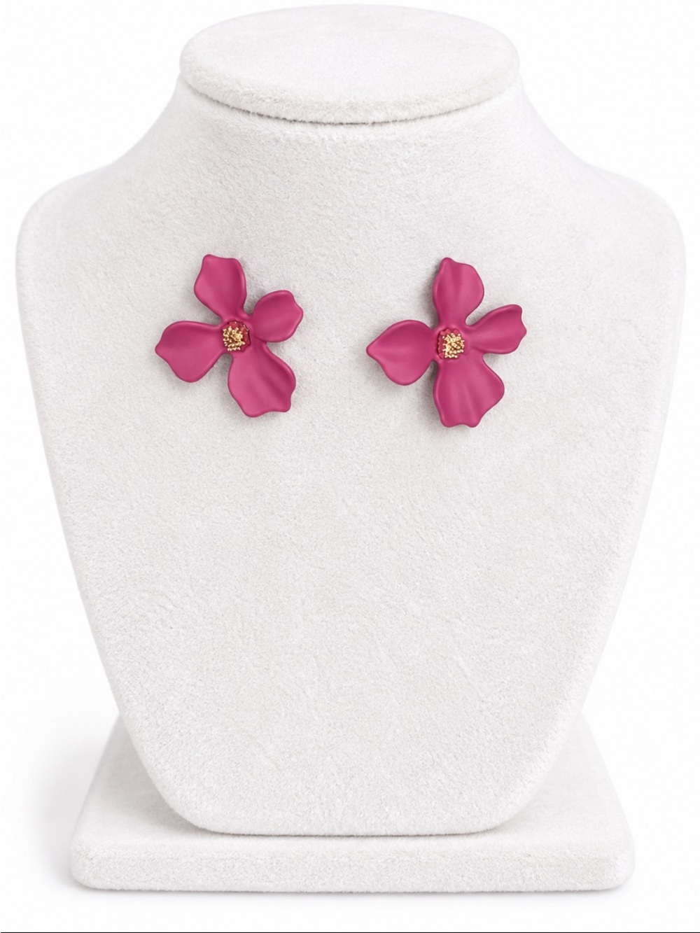 Fuchsia Pink Floral Statement Stud Earrings Gold Center Pierced Earrings